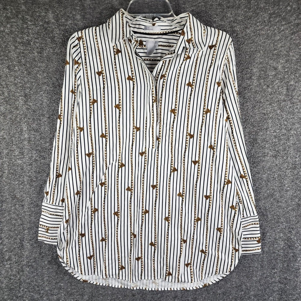 Chico's Button Down Women 4 No-Iron Chic Stretch White Chain Tassel EUC